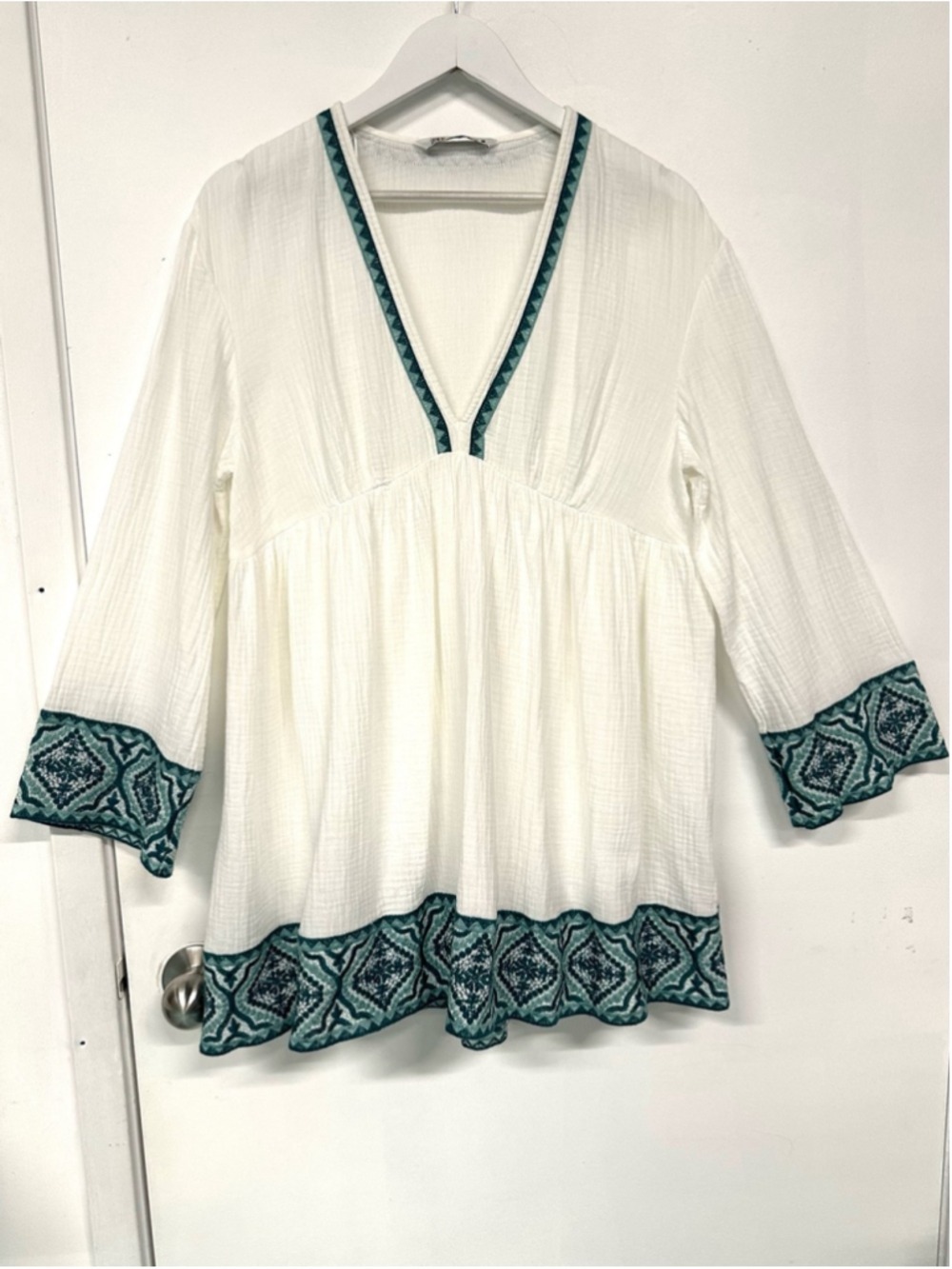 Zara White Teal Embroidered Cotton Beach Dress Boho Coastal Medium Ibiza Resort